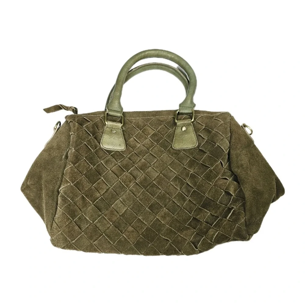 Woven Suede Leather‎ Satchel Bag Olive Green Handbag Basket Weave Barrel Tote